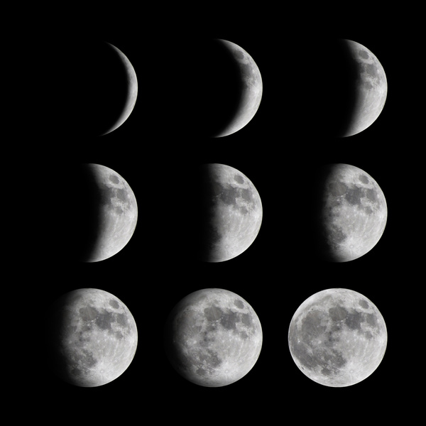Phases of the moon from new to full